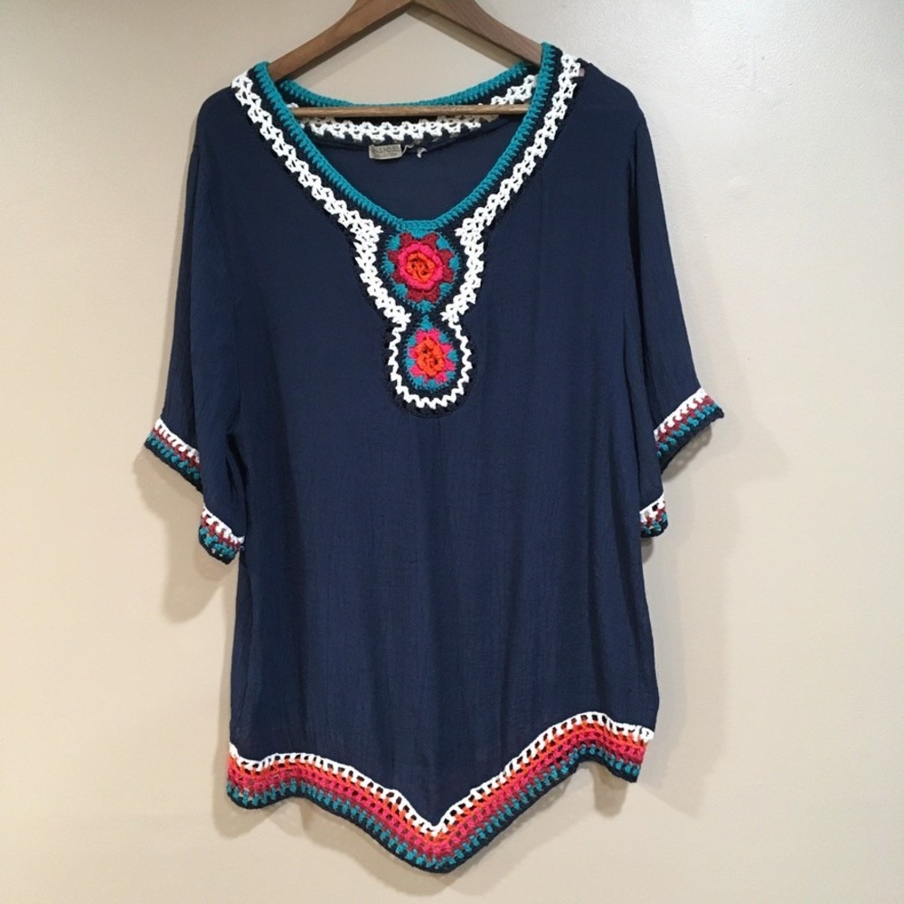 Anandas Crochet Trim Tunic Blouse Top Womens L Navy Blue Boho Beachy Airy Artsy